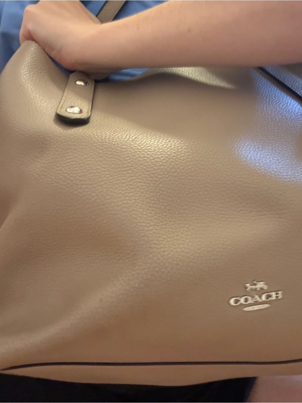 COACH Pebbled Leather Tote in Taupe with yellow lining
